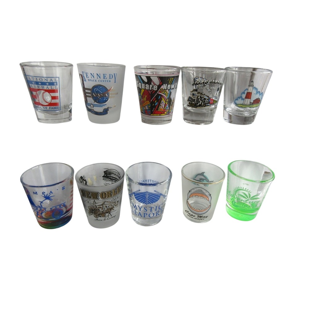 Lot of 10 Souvenir Shot Glasses NASA Baseball Hall of Fame Grand Canyon NY NJ